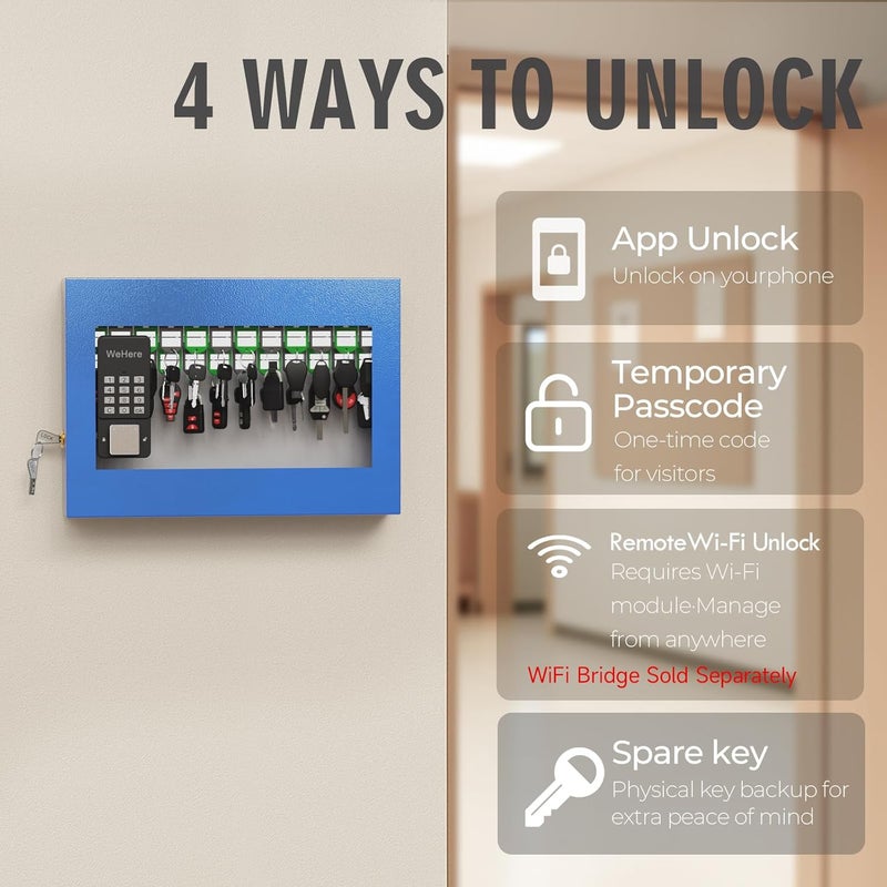 WeHere 24 Key Lock Box Wall Mount, Securty Key Cabinet with Key Tags, Key Organizer Box for Business, Home, Office, Hote, Garage, APP Bluetooth/OTP/Fixed Code/Key/Wi-Fi Unlock, Tempered Glass Door - Image 3